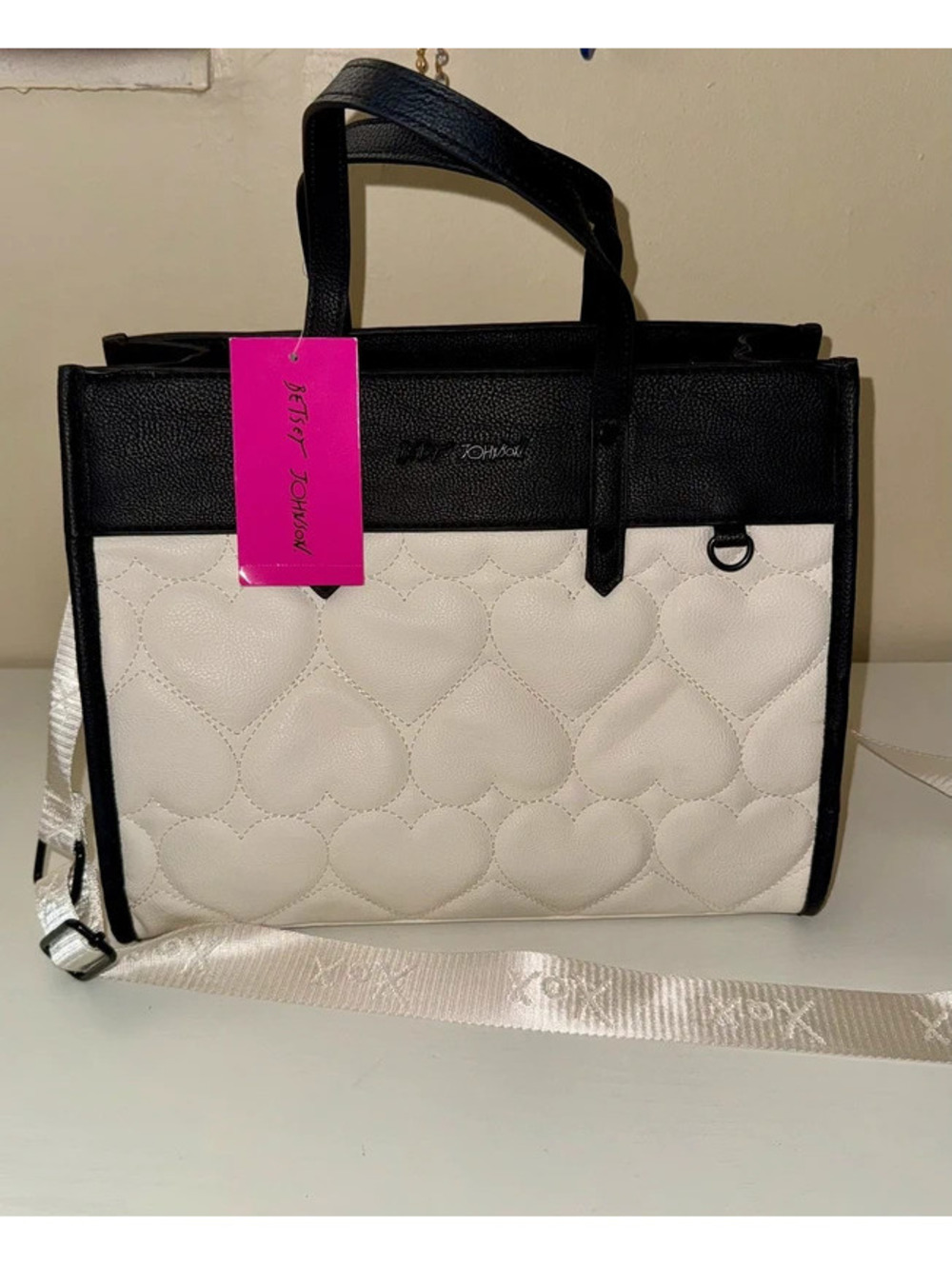 Betsey Johnson Xobecca Black White Quilted Heart Tote Satchel Crossbody NWT